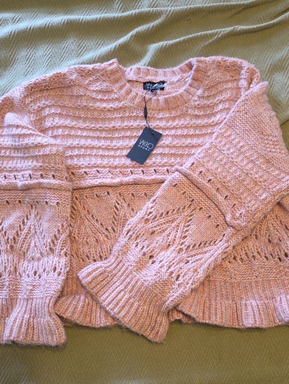 Vakko Blush Pink Openwork Knit Crewneck Sweater